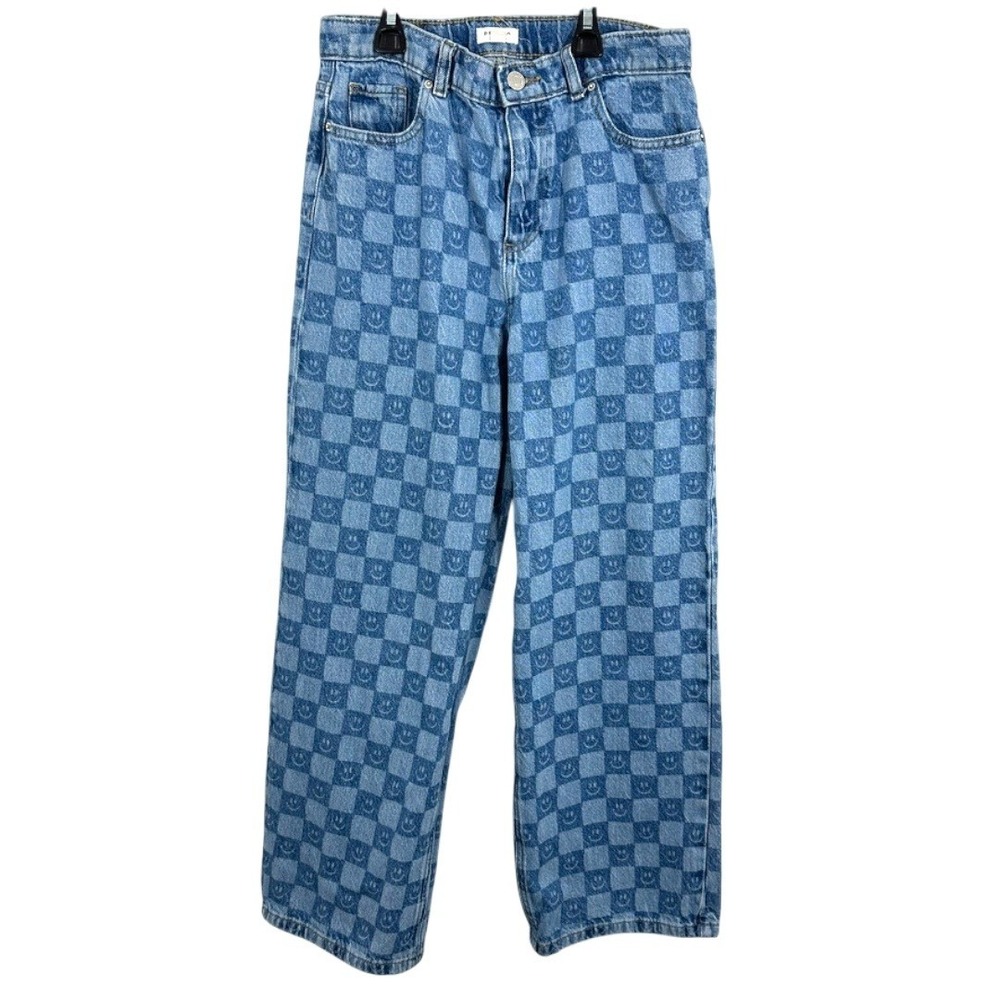 Pacsun Girls Size 14 Wide Leg JeansSmiley Face Checkerboard Denim Blue Patchwork